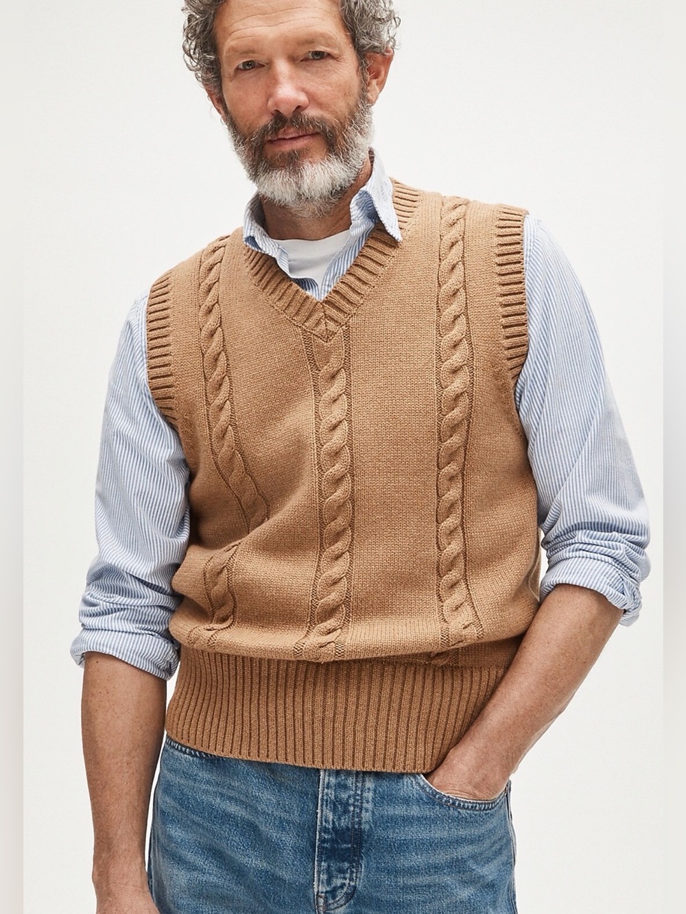 J CREW LARGE Cotton cable-knit sweater-vest CG340 In Camel